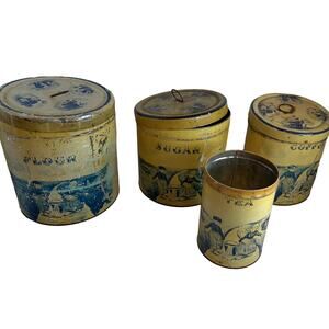 Antique Dutch Farm Litho Aluminum Tin Canisters Flour Sugar Set of 4 READ